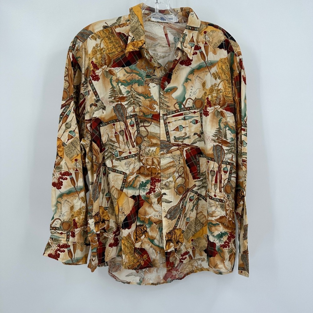 Men Vintage Wildlife Fishing Map Novelty Print Shirt Size L Outdoors Hunting 90s